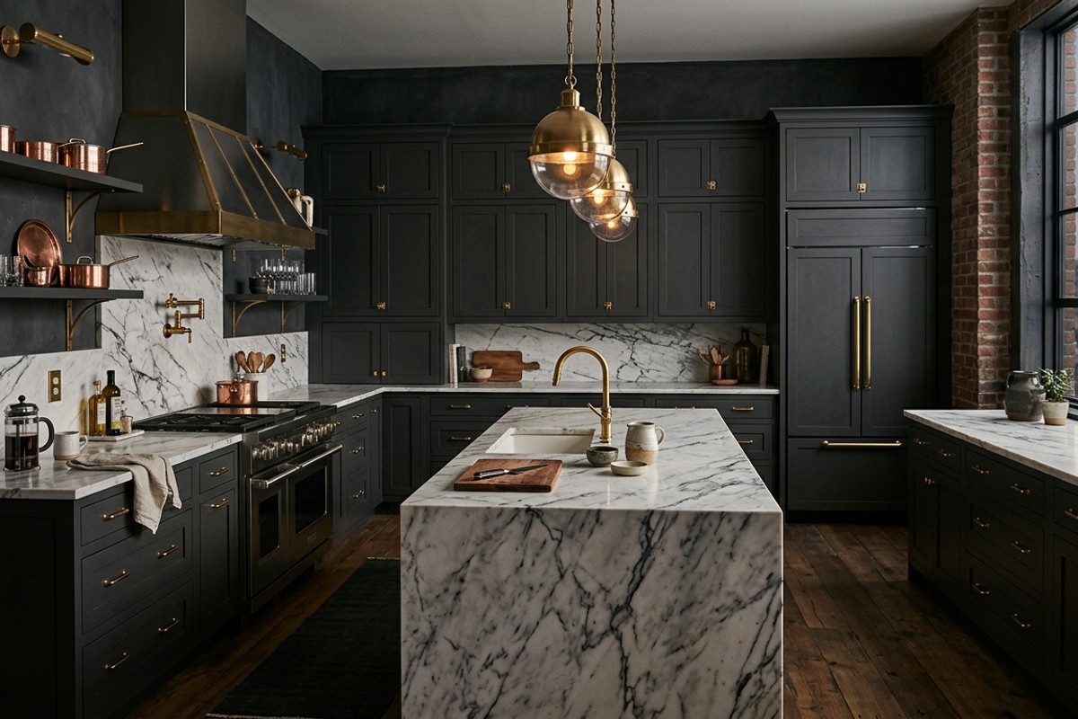 Dark industrial kitchen with charcoal cabinets, marble countertops, and brass accents.