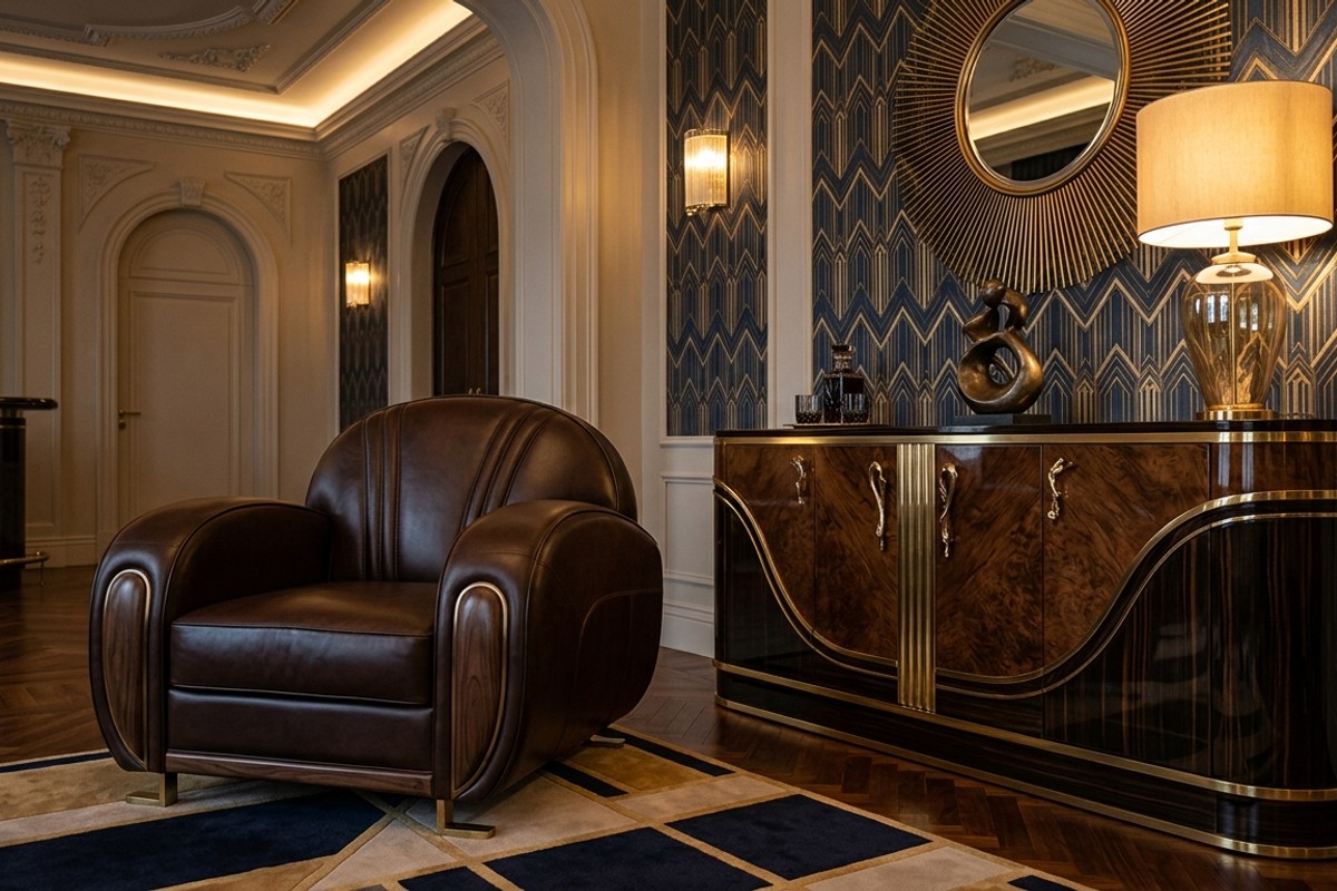 Art Deco club chair with rounded arms and a sleek, curvilinear sideboard.