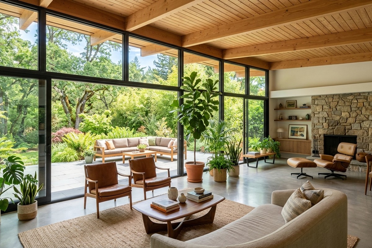 Mid-century modern living room with large windows, sliding glass doors, and potted plants, showing a seamless indoor-outdoor flow.