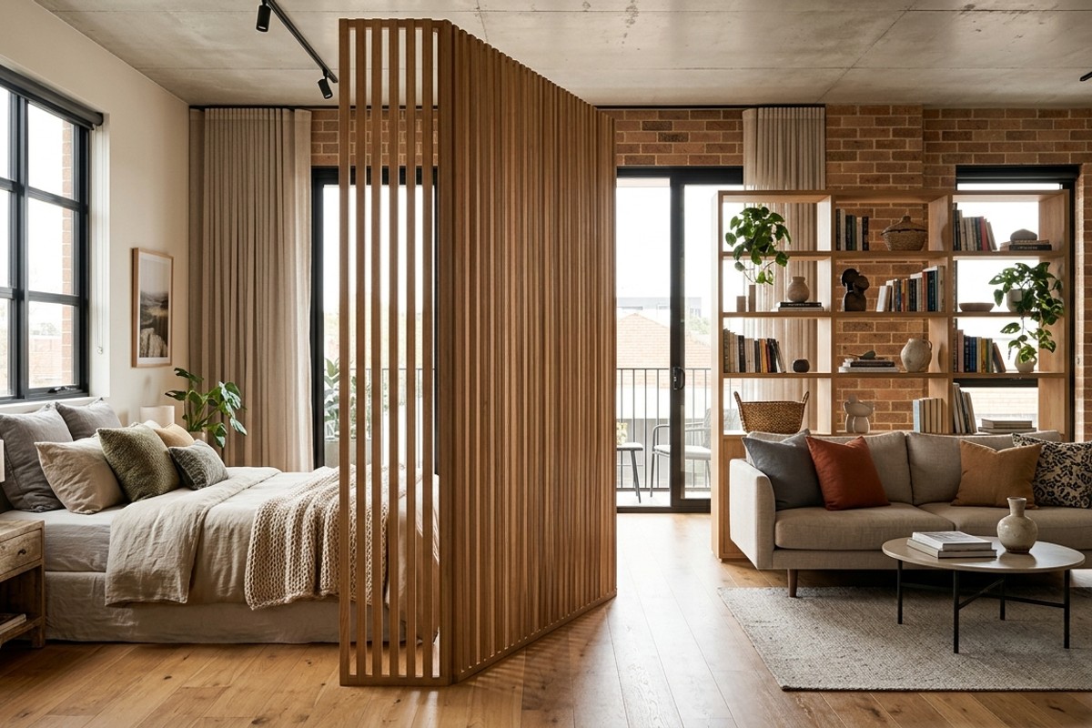 Studio apartment with a freestanding slatted wood room divider separating a living space and a sleeping area