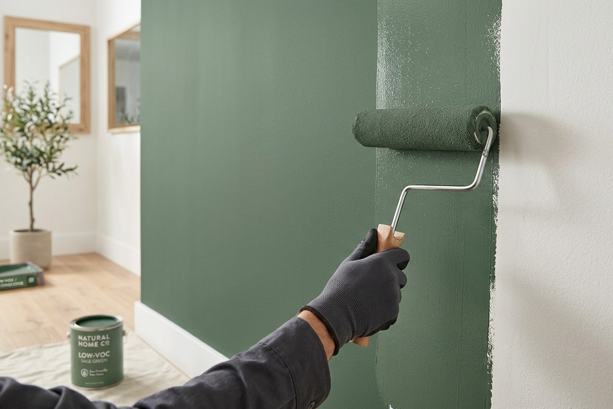 A wall being painted with a roller in a rich sage green, low-VOC eco-friendly paint.