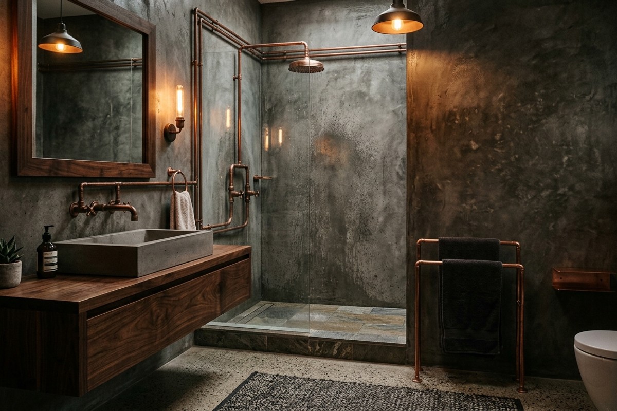 Industrial chic bathroom with polished concrete walls, copper fixtures, and dark walnut vanity