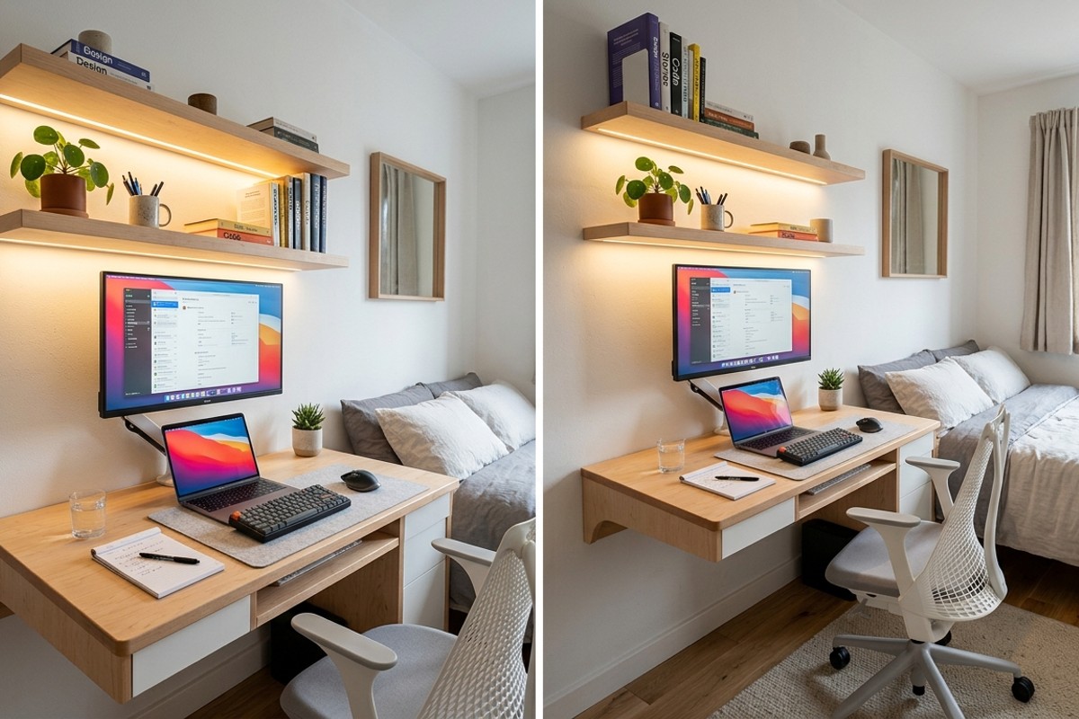 Small bedroom corner with a white laminate corner desk and floating shelves.