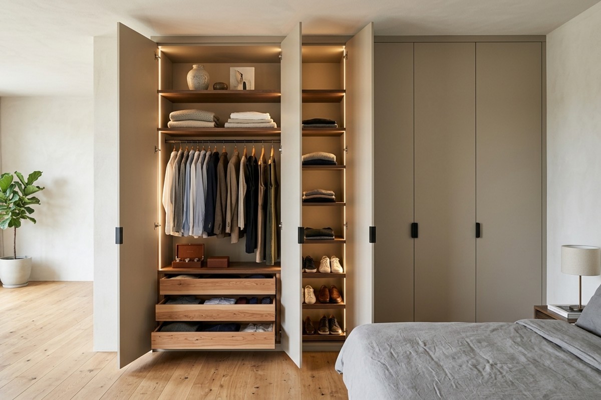 Bedroom with sleek, floor-to-ceiling built-in wardrobe showing hanging rods and shelves.