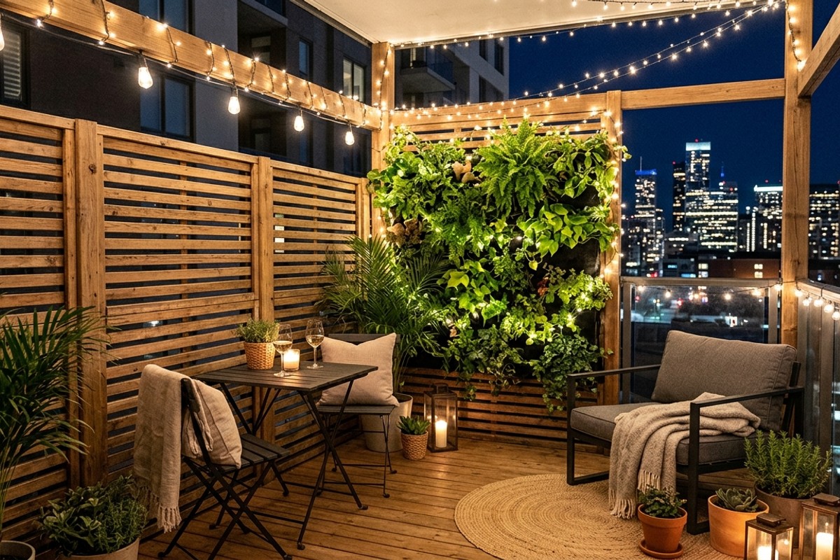 Urban balcony haven with bistro set, living wall, slatted wood privacy screens, and fairy lights.