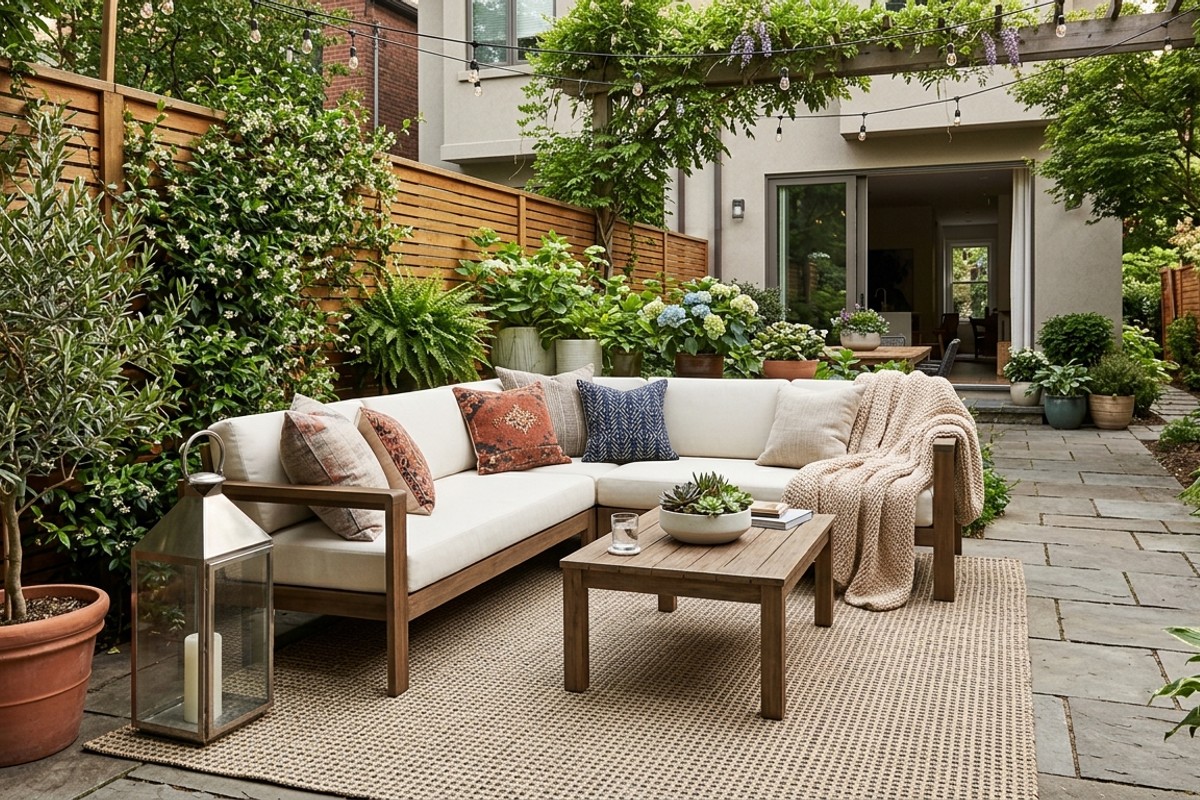 Outdoor living room on a small patio with an outdoor rug, sofa, throw pillows, and potted plants.