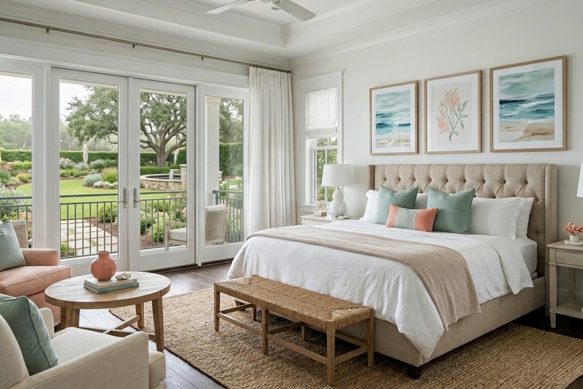 Coastal grandeur master suite with abstract ocean art and calming, refined decor.