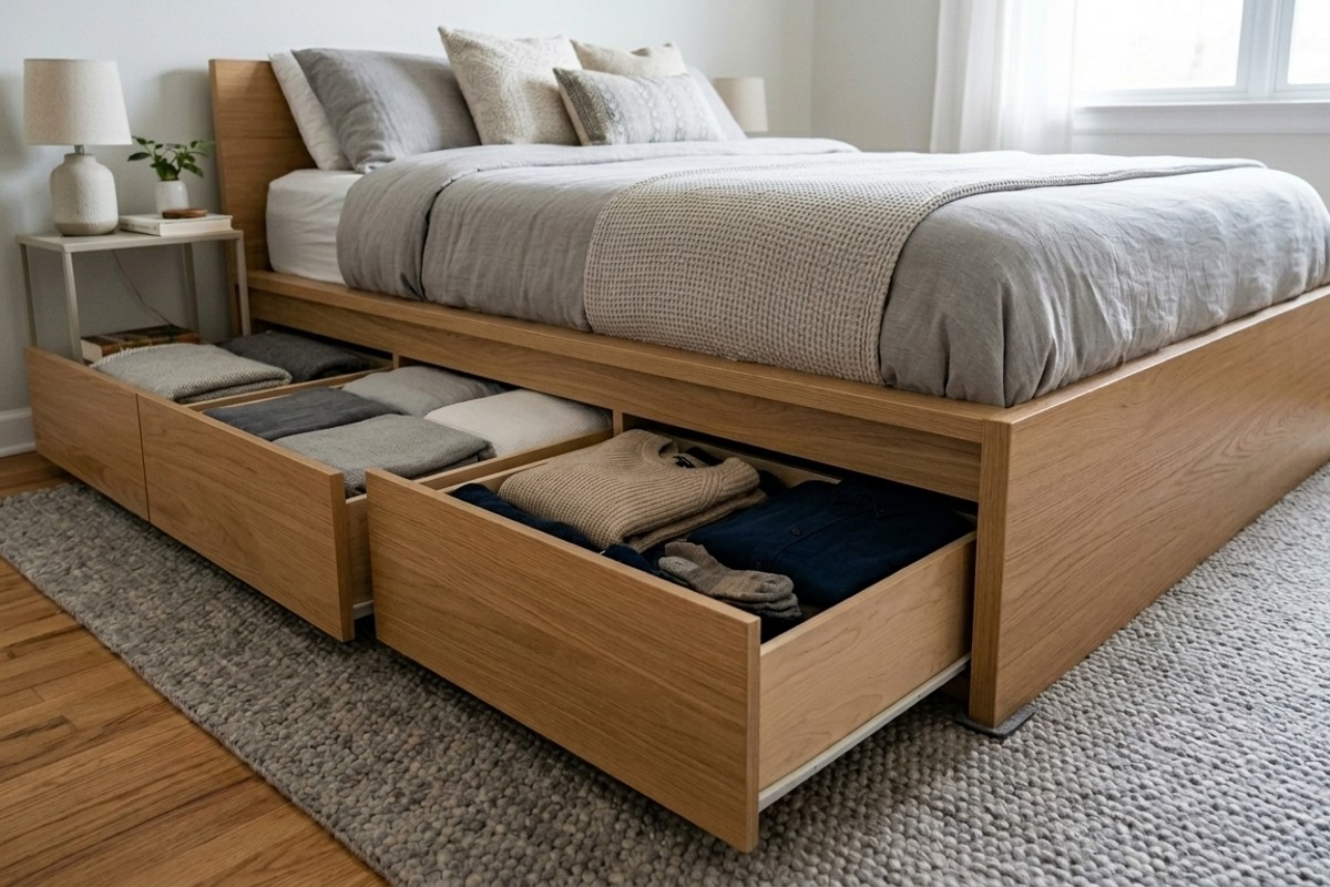 Under-bed storage solutions in a small bedroom, showing a bed frame with integrated drawers or rolling bins for clothes and bedding.