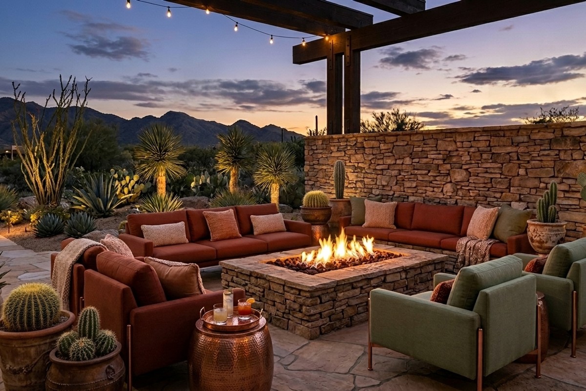 Desert glamour patio with flagstone, fire pit, deep seating in earth tones, and hammered copper accents.