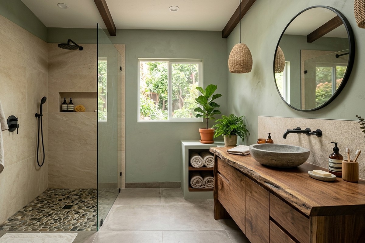 Modern organic bathroom with river stone shower floor, live-edge wood vanity, and sage green walls.
