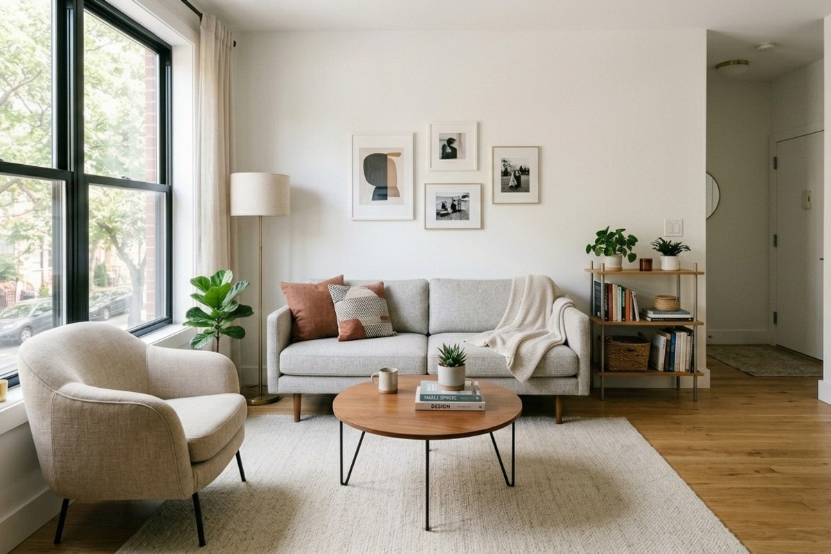 Small living room with a slender sofa on exposed legs and armless chairs, featuring appropriately scaled furniture.