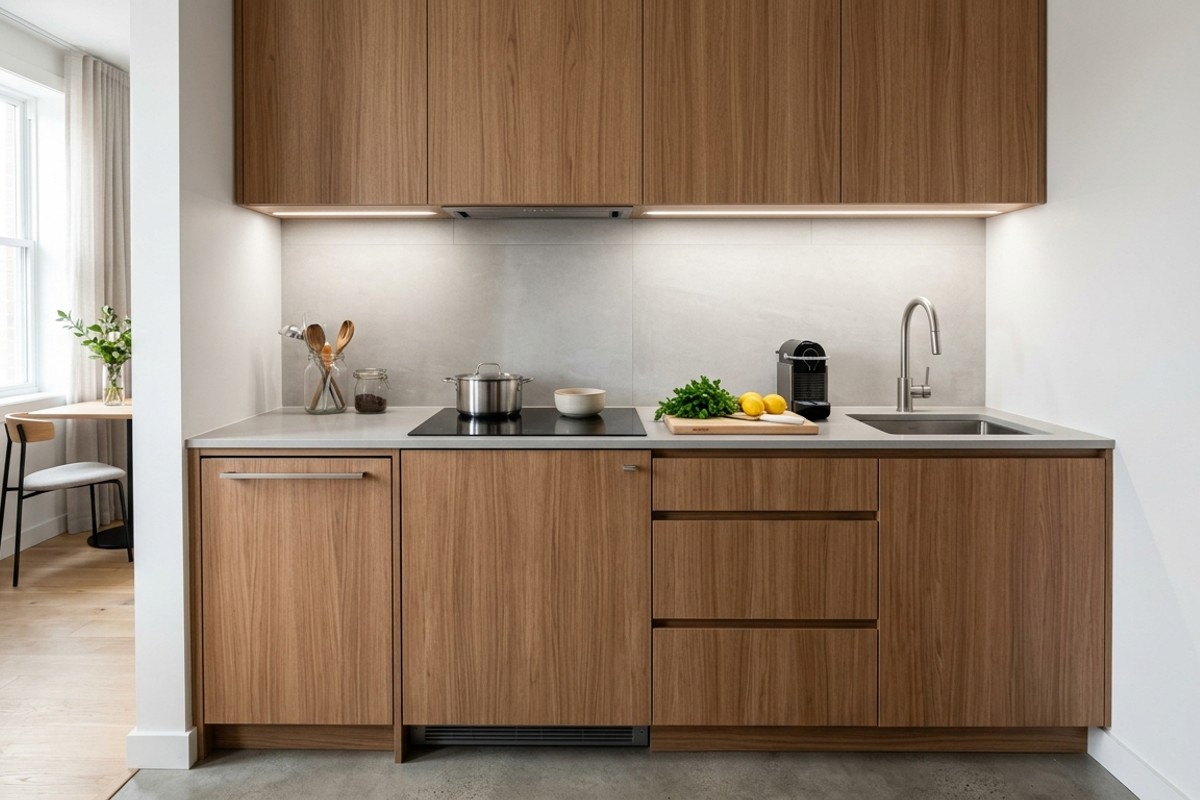 Small kitchen showcasing fully integrated slimline appliances, including a hidden dishwasher and under-counter refrigerator behind custom cabinet panels, with a two-burner induction cooktop.