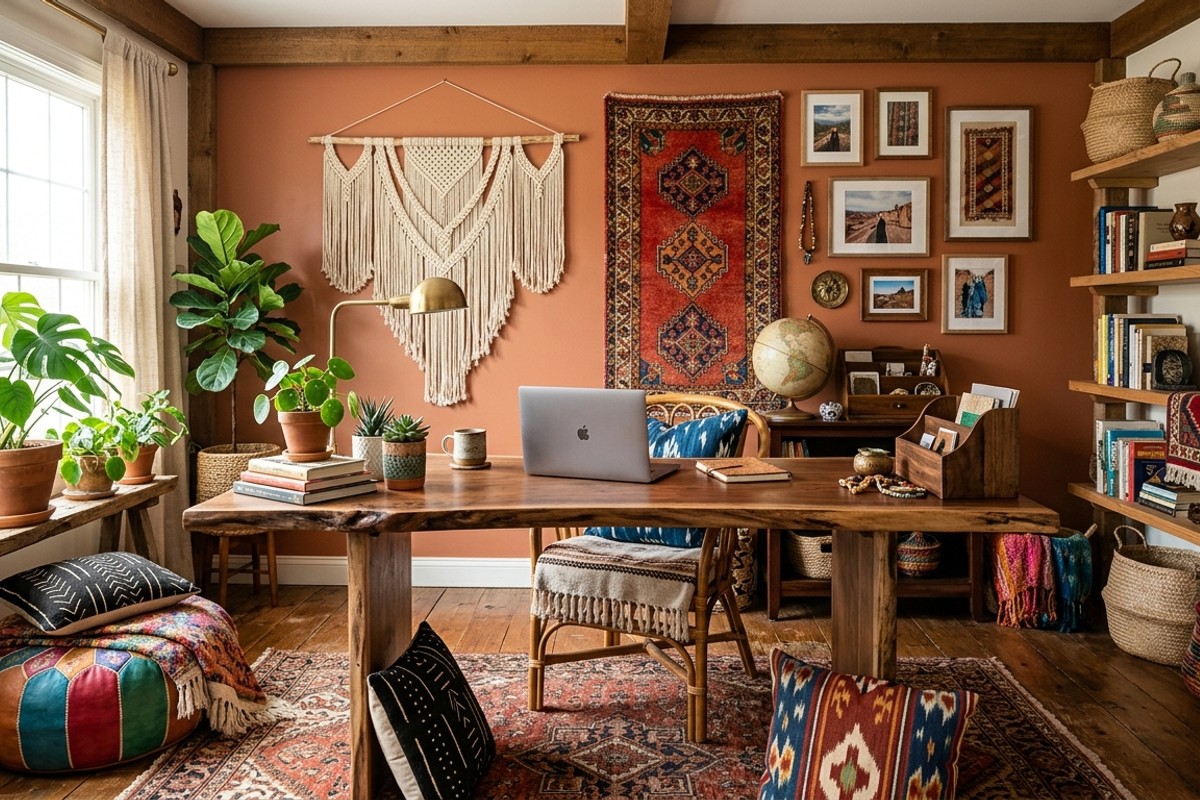 Boho global haven home office with macrame, Moroccan poufs, and live-edge wood desk.