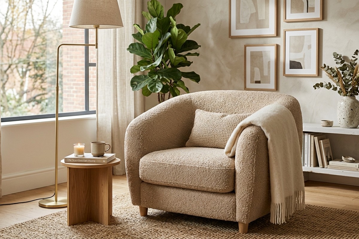Warm beige bouclé armchair with a nubby, tactile texture.