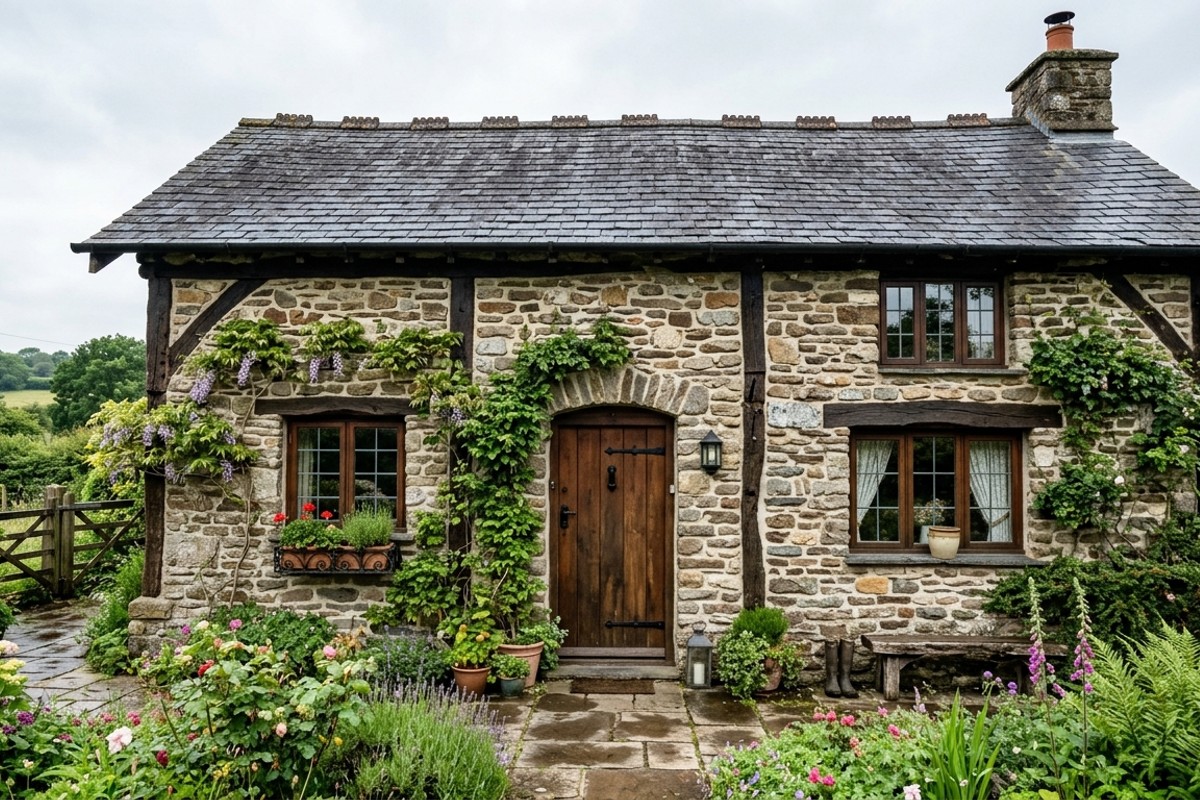 Stone cottage facade with rugged fieldstone, slate roof, timber accents, and deep-set windows.