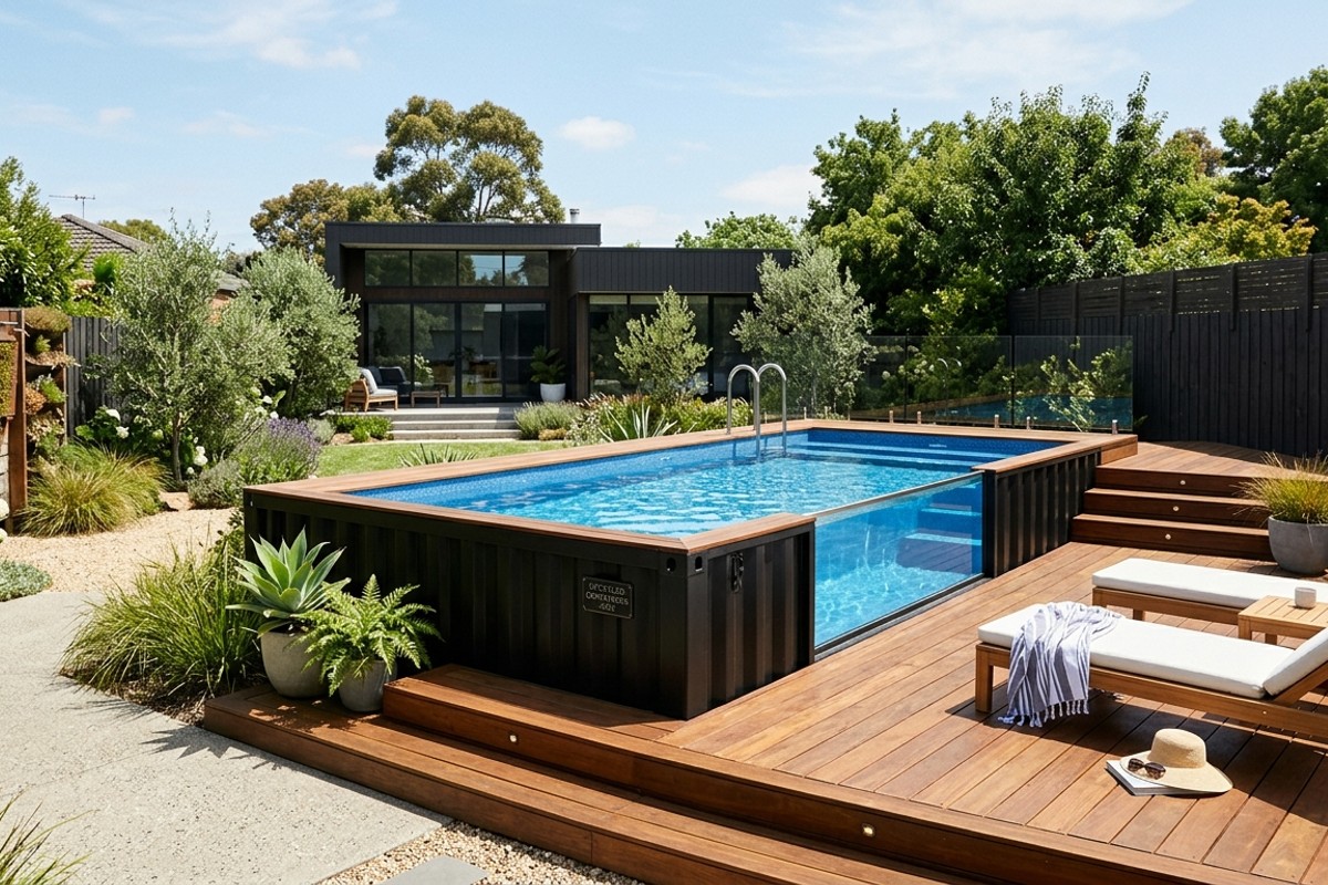 Above-ground matte black shipping container pool with an ipe wood deck for a modern backyard.