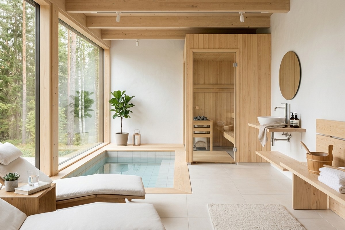 Scandinavian spa bathroom with blonde wood, crisp white walls, porcelain tiles, and minimalist fixtures.