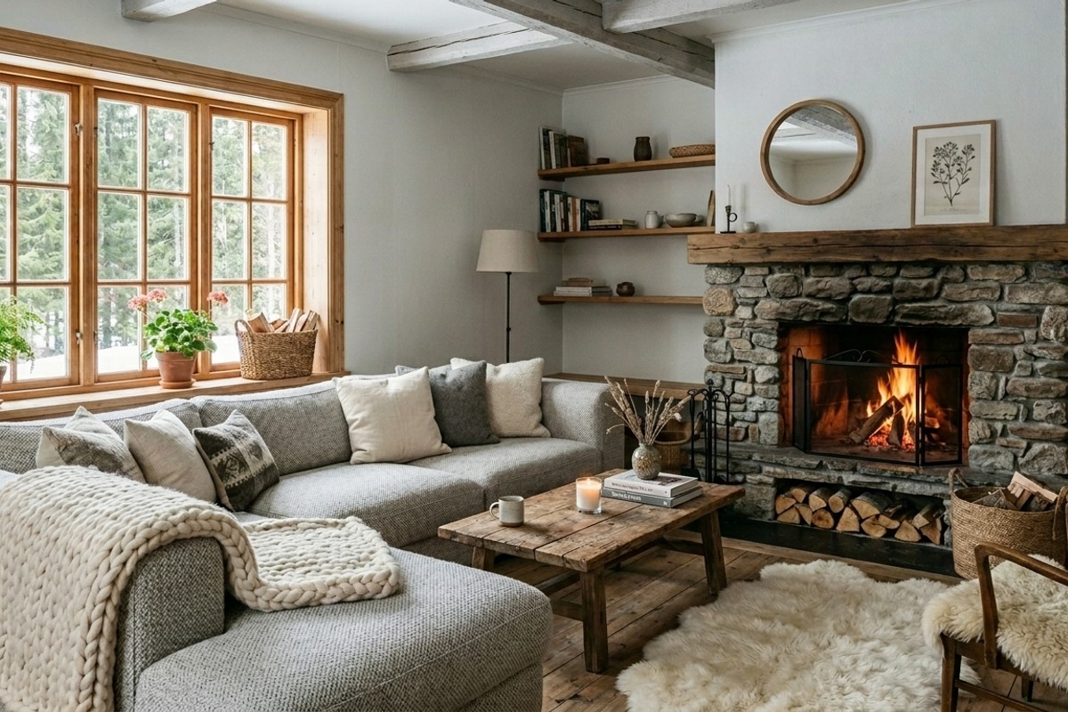 Rustic Scandinavian living room with light grey knit sofa, muted white walls, chunky throw, sheepskin rug, and stone fireplace.