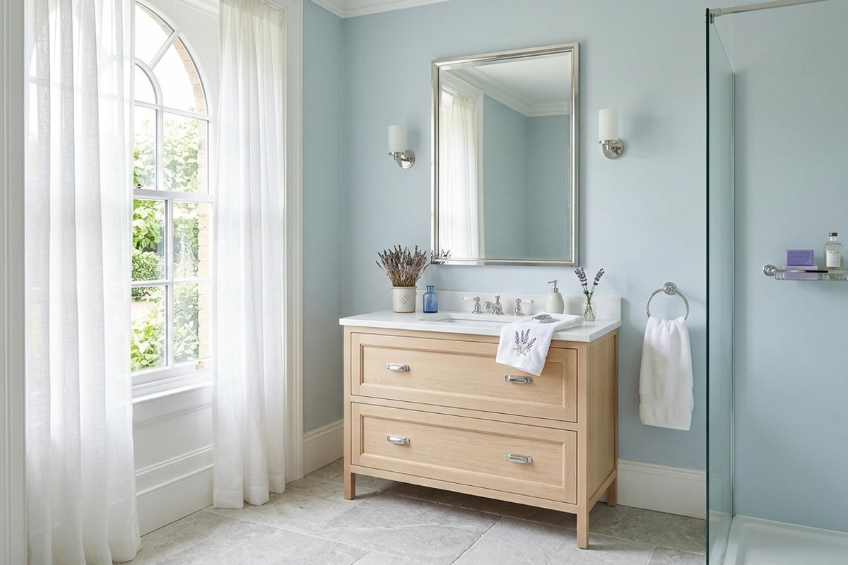 Soft haze blue bathroom with pale desaturated blues, crisp white, sheer fabrics, light blonde wood, and polished chrome accents.