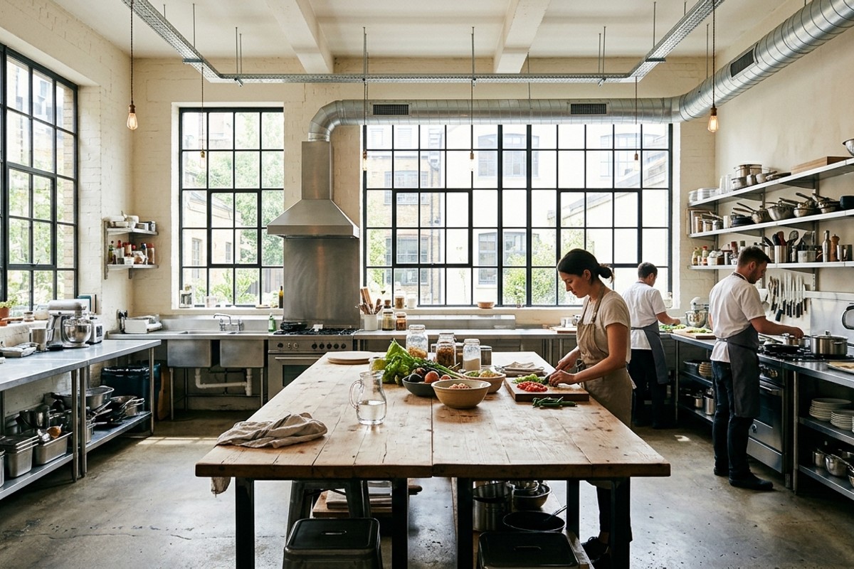 Bright industrial kitchen with large factory windows, off-white walls, and chrome appliances.