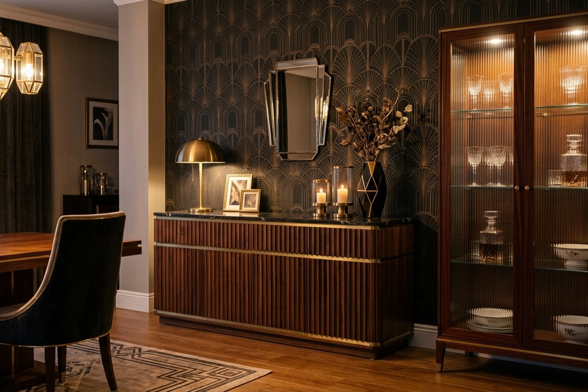 Art Deco console table with fluting details and a reeded glass cabinet.