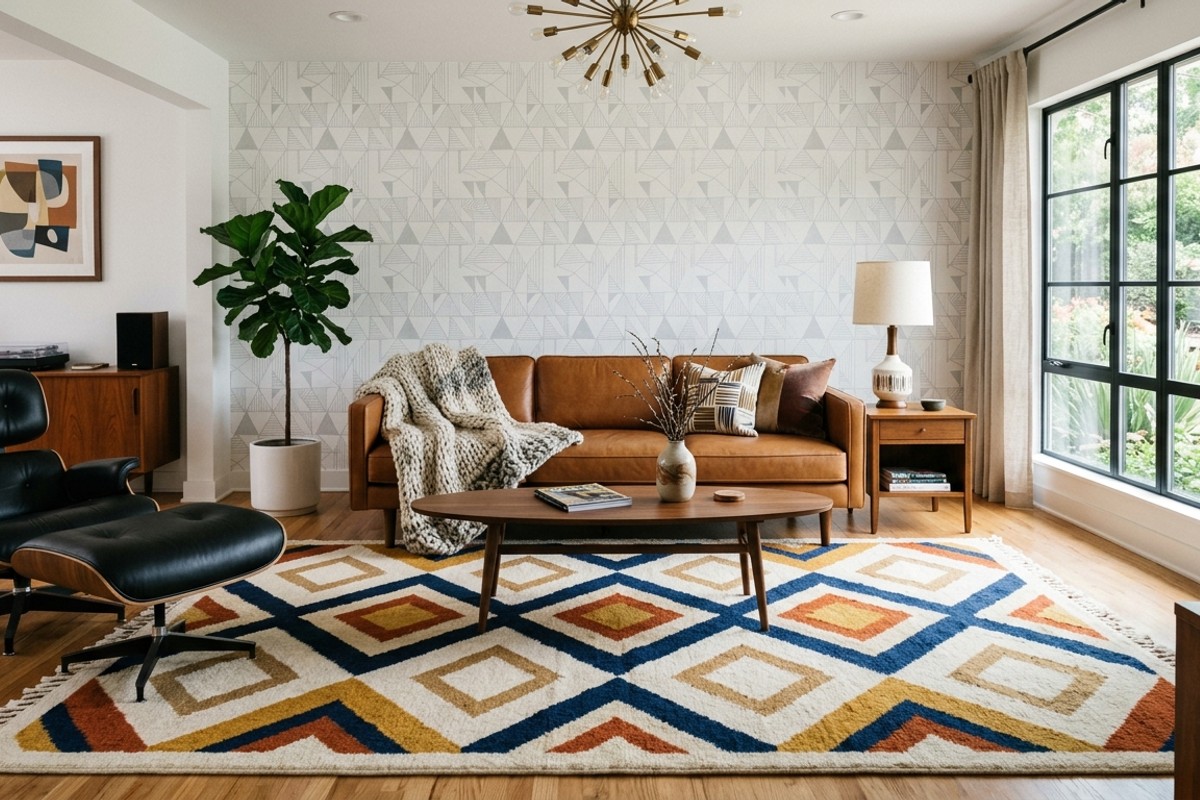 Mid-century modern living room with geometric patterned rug and wallpaper, featuring a rough wool throw on a smooth leather sofa.