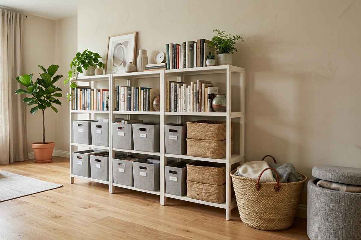 Living area with modular shelving, stackable storage bins, woven baskets, and a chic storage ottoman