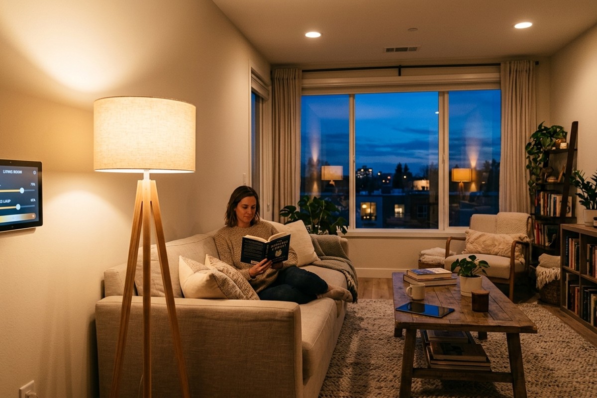 Cozy living room illuminated by layered energy-efficient LED lighting and a smart lighting control panel.