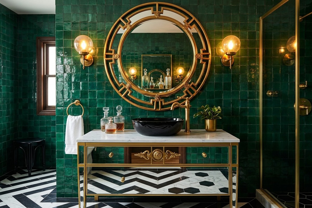 Art Deco bathroom with black and white geometric tiles, emerald green Zellige, and polished brass fixtures
