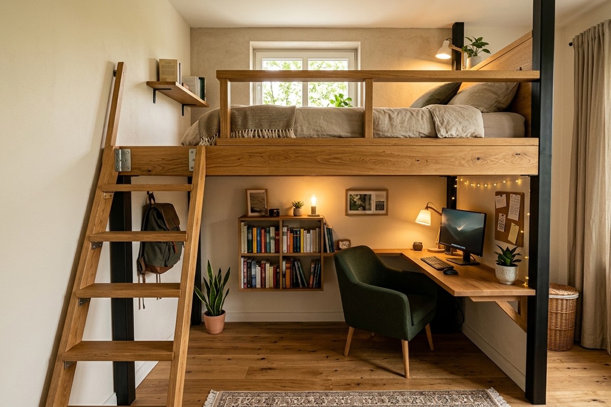 Loft bed in a small bedroom with industrial black steel frame and reading nook below.