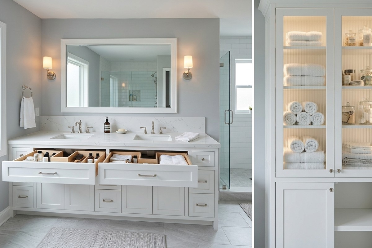 White built-in bathroom vanity with dual sinks and pull-out drawers, next to a matching linen tower with fluted glass doors.