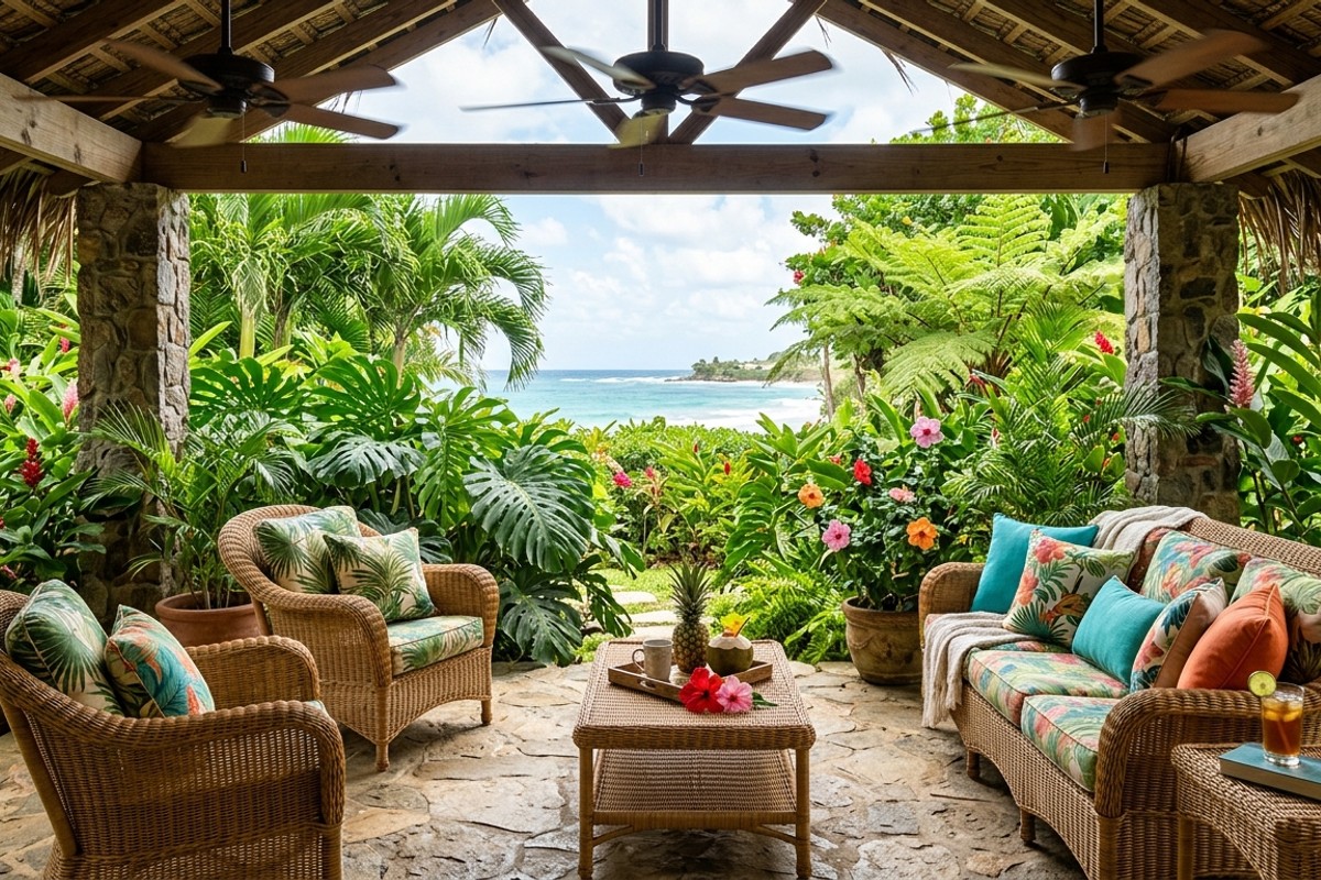 Tropical lanai escape with rattan furniture, vibrant cushions, ceiling fans, and lush monsteras and palms.
