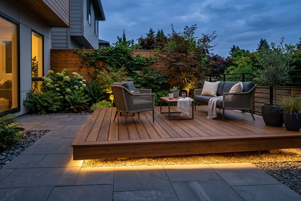 Floating deck made of composite or stained cedar with LED strip lighting on a small patio.