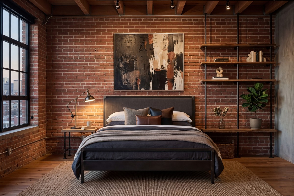 Refined industrial loft bedroom with abstract art, pipe shelving, and vintage factory lamp.
