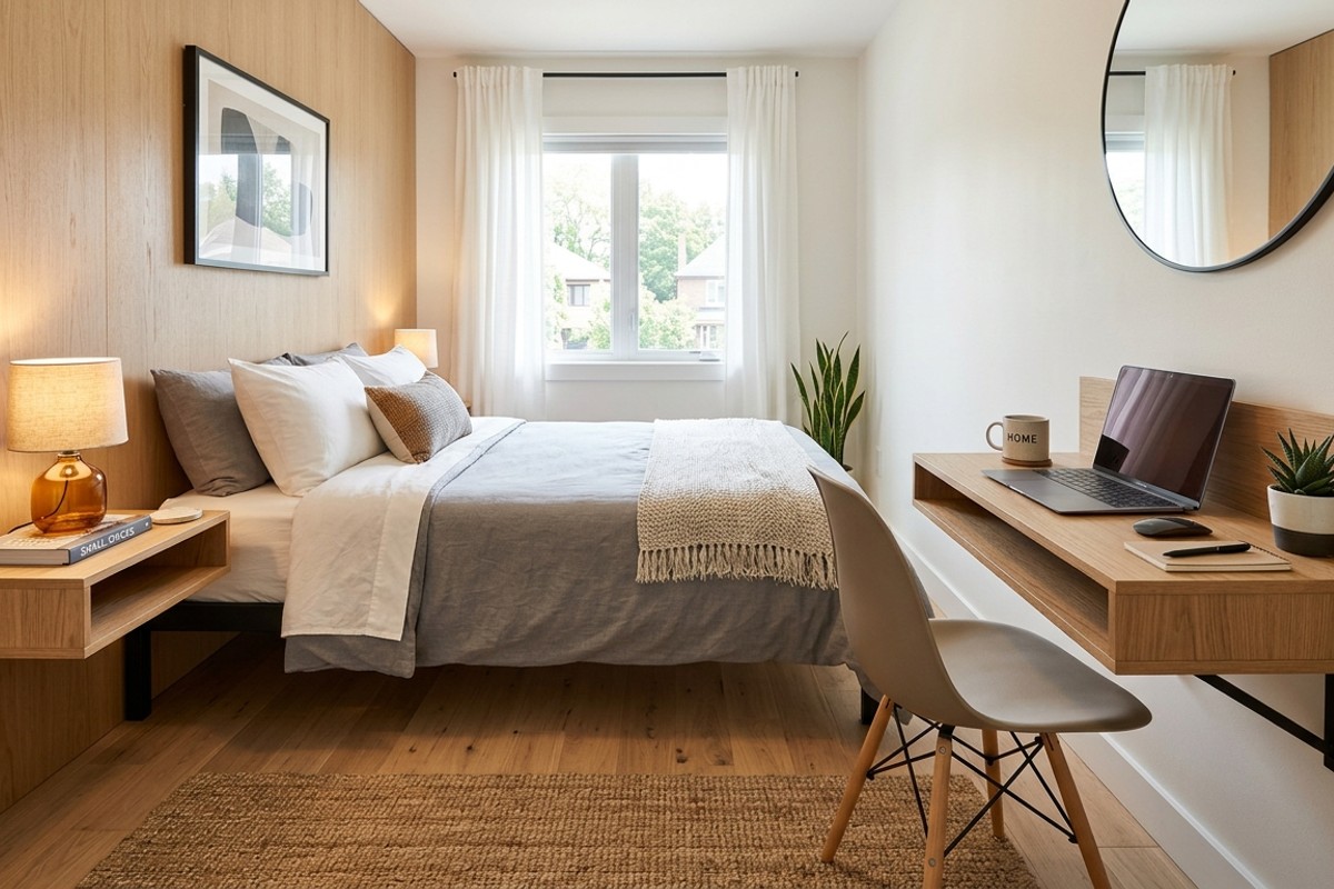 Small bedroom with floating shelves serving as nightstands or a floating desk for a space-saving workspace.