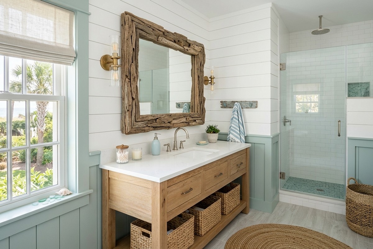 Coastal contemporary bathroom with white shiplap walls, pale blue accents, and a driftwood-framed mirror.
