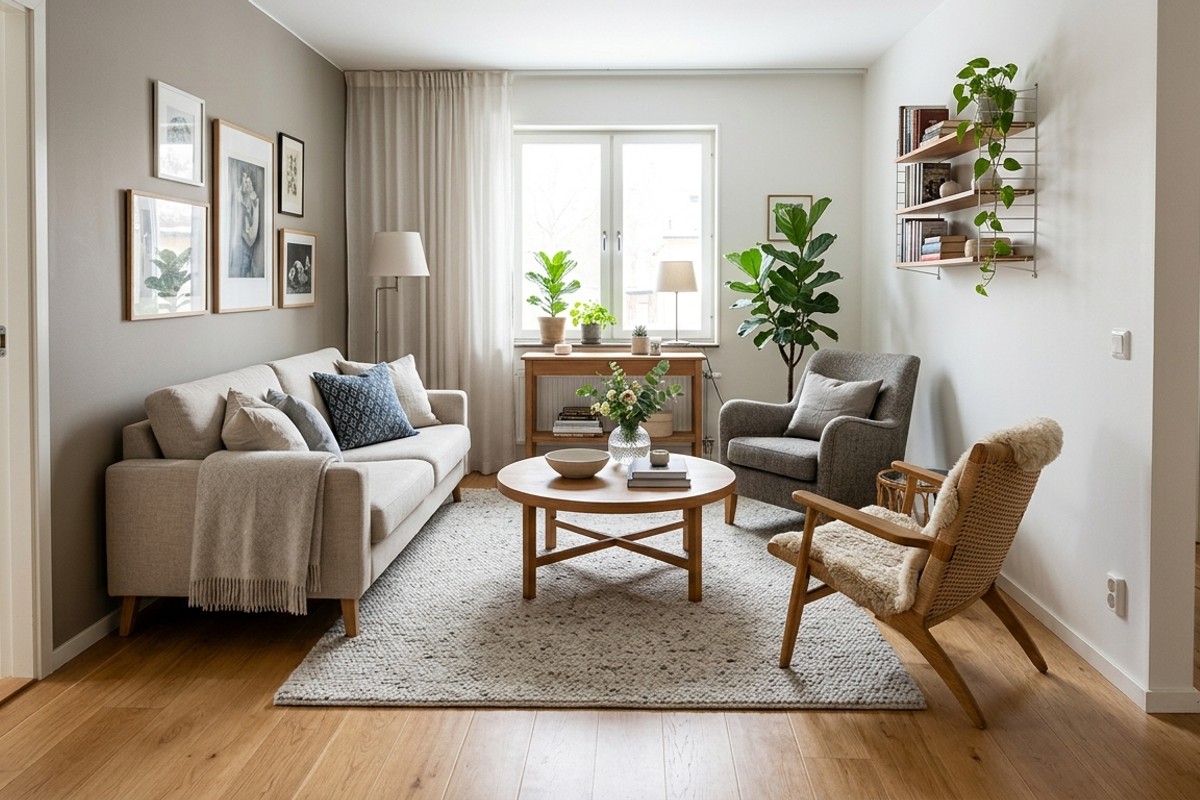 Small living room with a defined layout, round coffee table, and furniture positioned to maintain open pathways and flow.