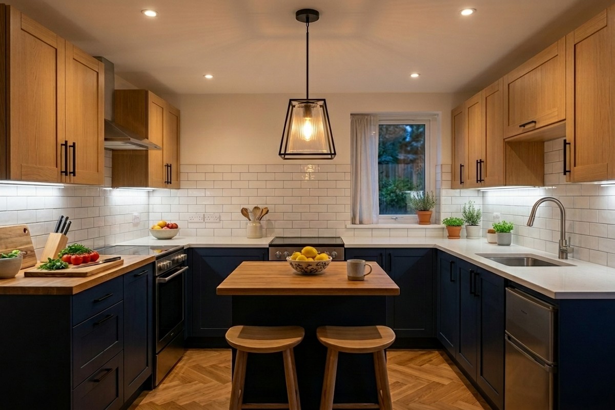 Small kitchen with recessed ceiling lights, bright under-cabinet LED strip lighting, and a stylish pendant light over a small island.