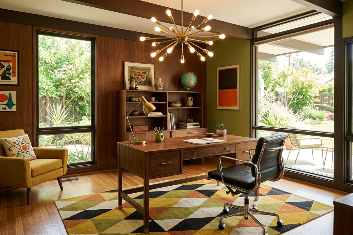 Mid-Century Modern home office with walnut wood, Eames chair, and geometric rug.