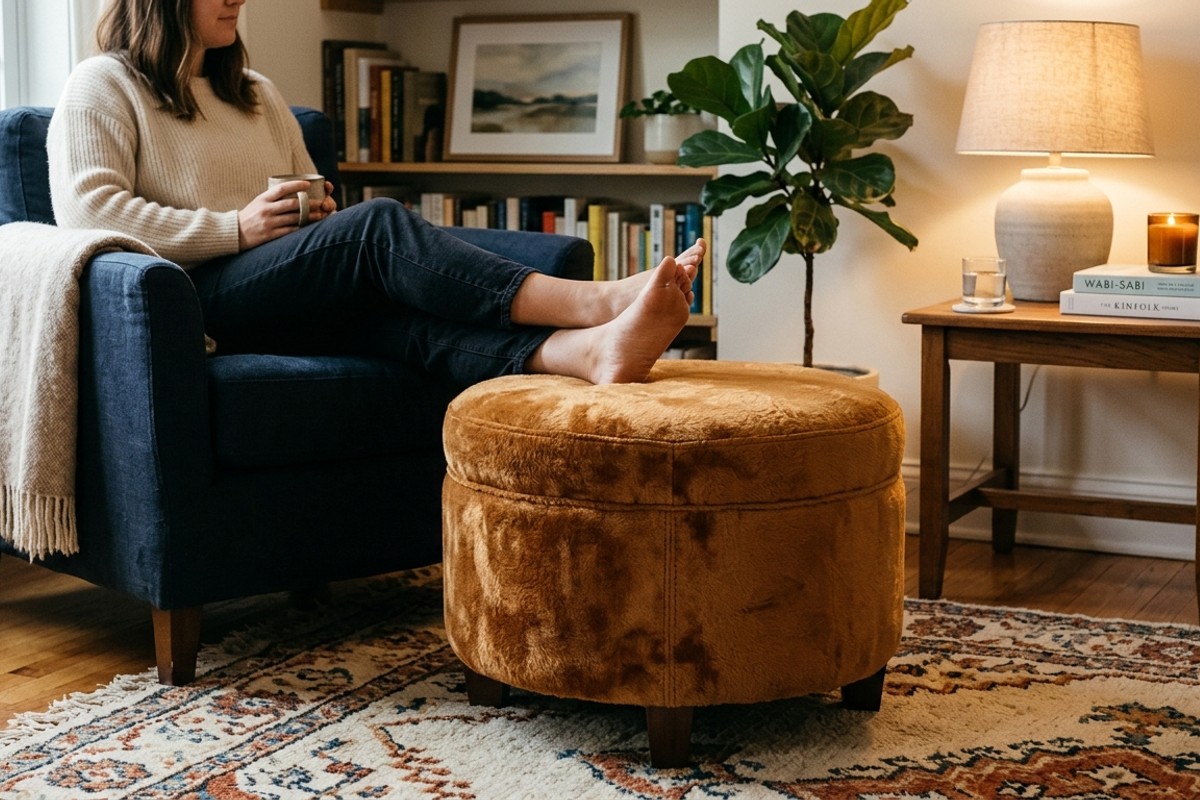 Ottoman upholstered in rich caramel mohair, serving as a stylish footrest.