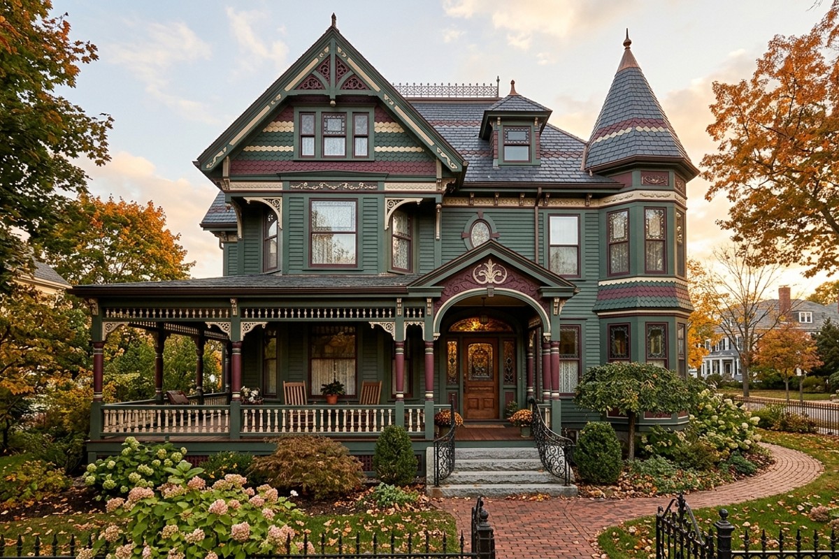 Victorian facade with elaborate trim, fish-scale shingles, ornate porch spindle work, and deep green and burgundy colors.