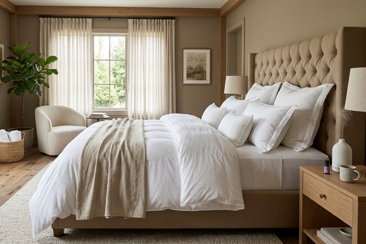 Spa-inspired bedroom with Egyptian cotton sheets, cloud-like duvet, down pillows, tufted headboard, and aromatherapy diffusers.