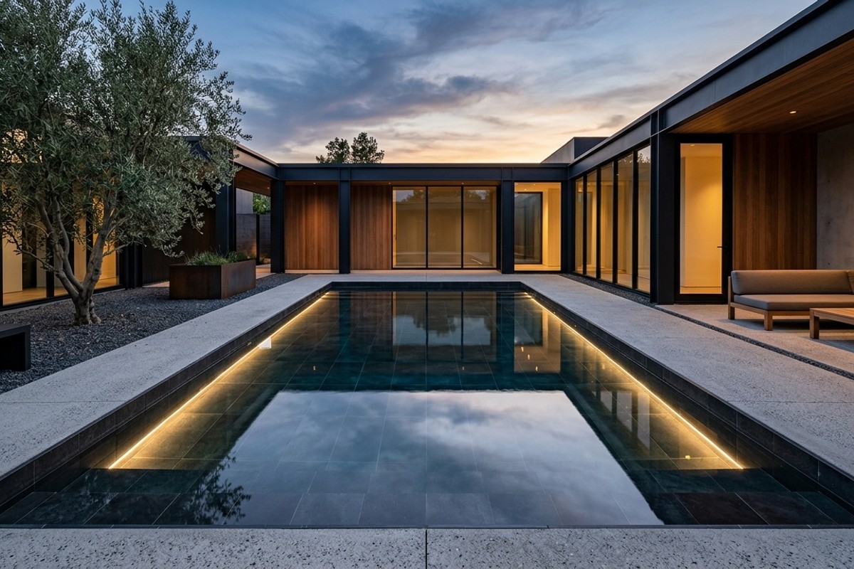 Shallow charcoal-tiled reflection pool with subtle LED lighting in a courtyard, mirroring surroundings.