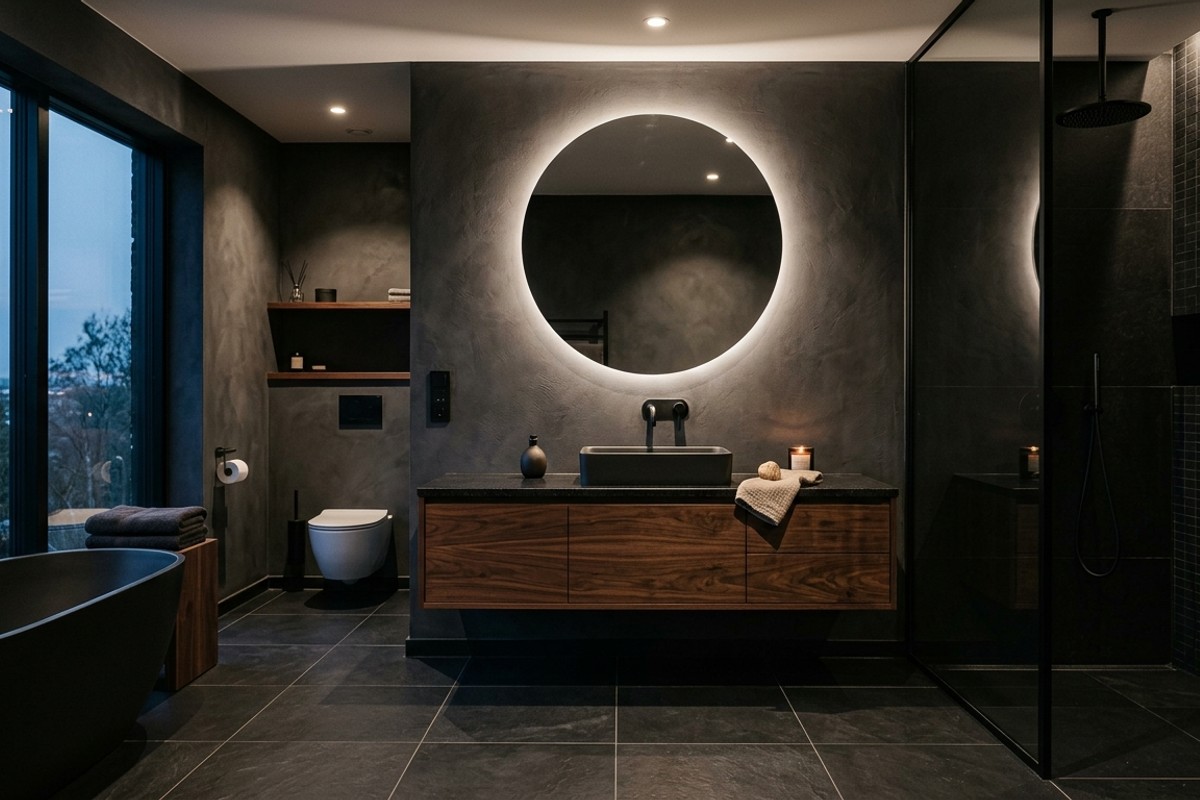 Dark-toned luxury bathroom with charcoal grey walls, a dark walnut floating vanity, and large obsidian floor tiles.