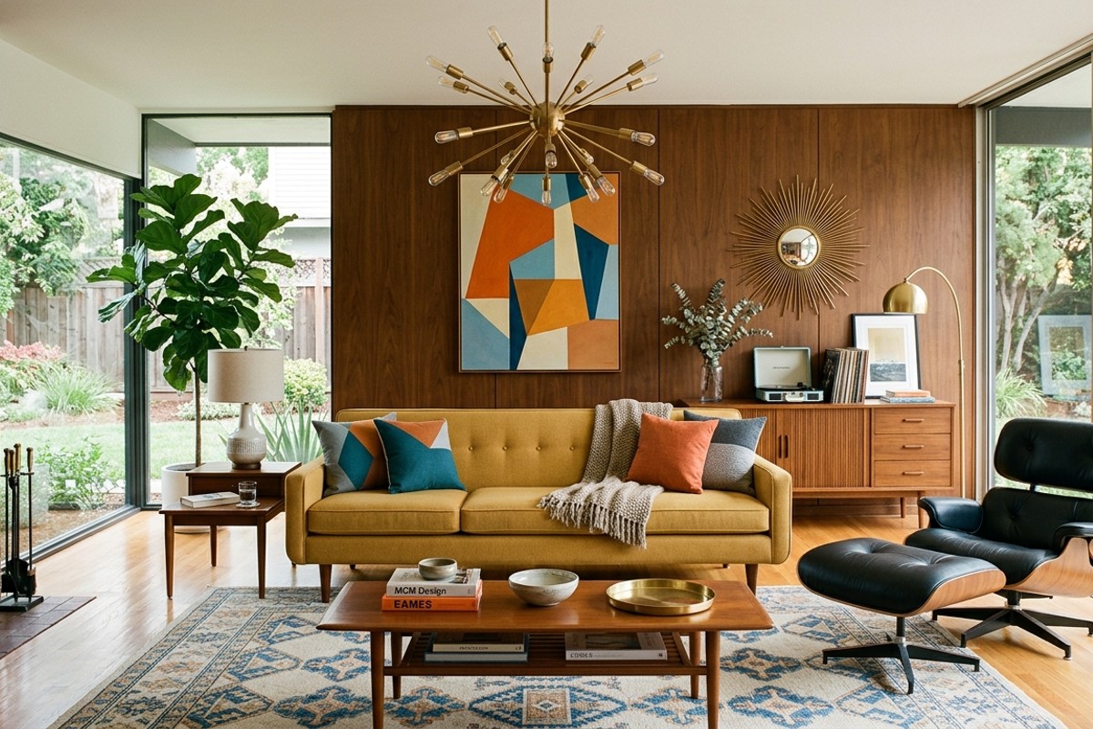 Mid-century modern living room with mustard sofa, tapered legs, teak furniture, Sputnik chandelier, and Eames chair.