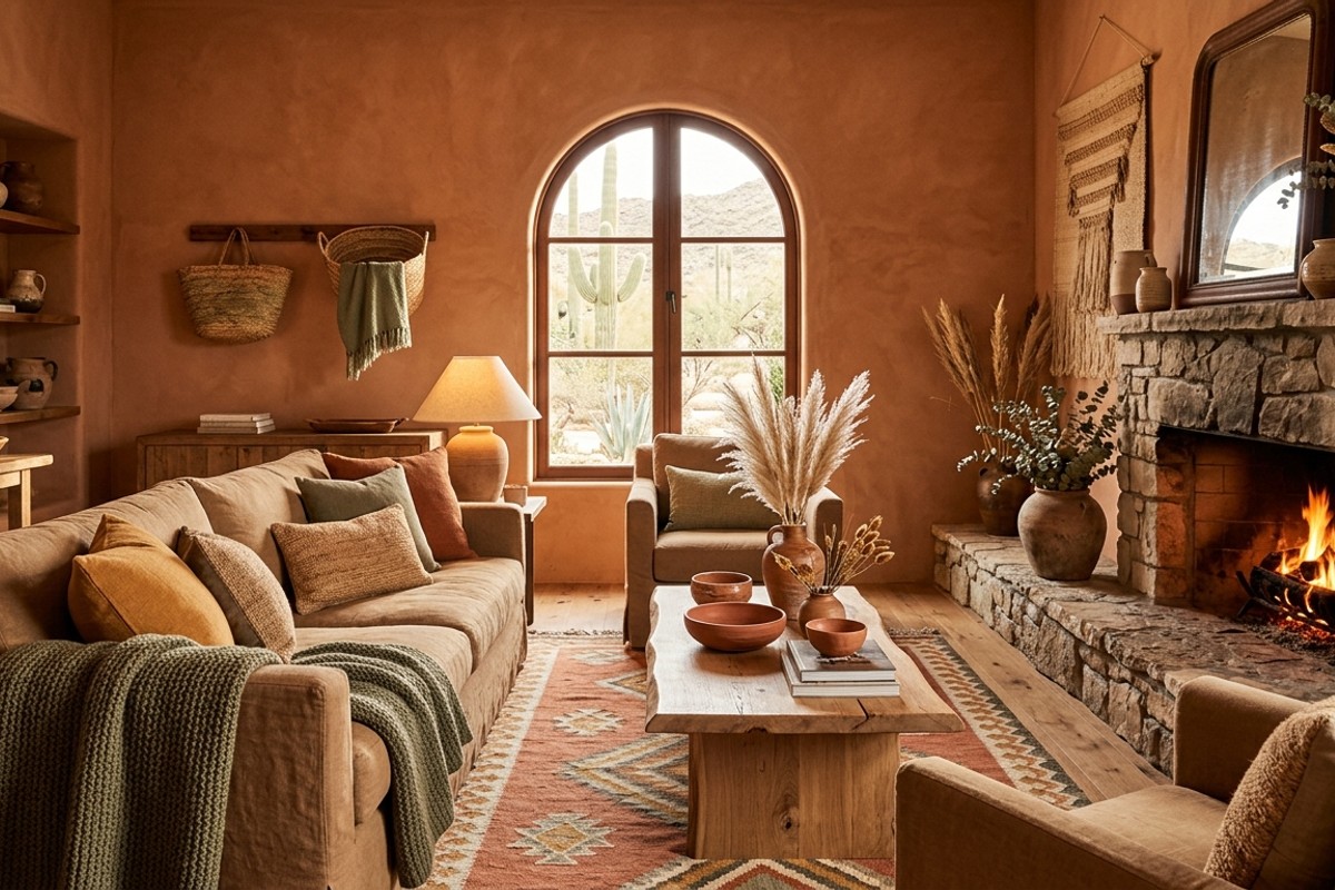 Desert earth tone living room featuring rich terracotta, sandy browns, warm ochre, raw wood, stone, woven textures, and dried botanicals.