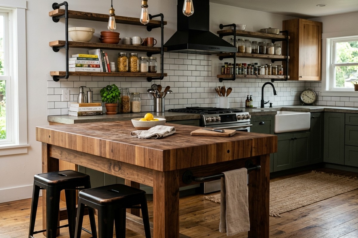 Industrial kitchen with butcher block island and black iron pipe shelving.