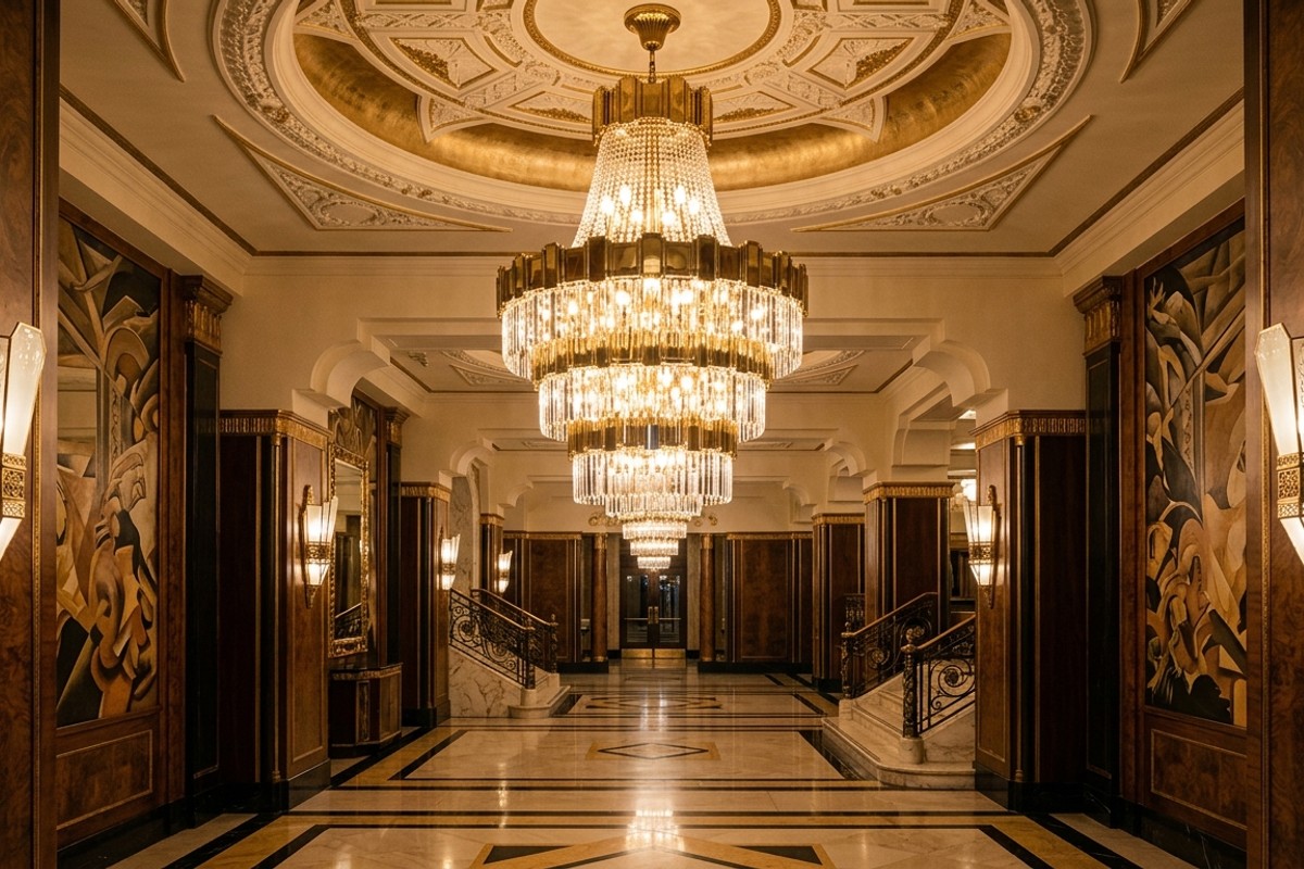 Grand Art Deco tiered crystal chandelier and brass wall sconces.