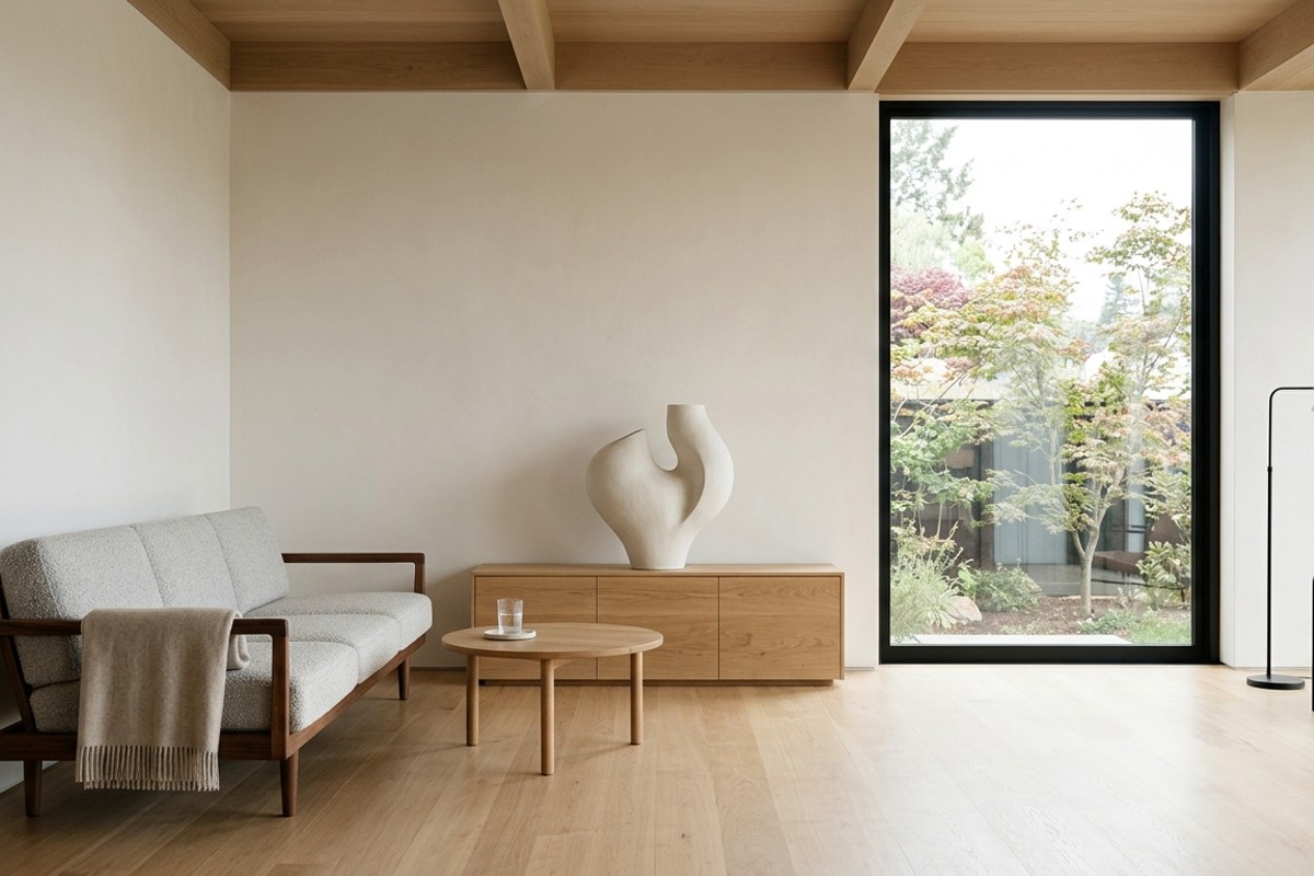 Minimalist mid-century modern room with uncluttered surfaces and a single abstract art piece as a focal point.