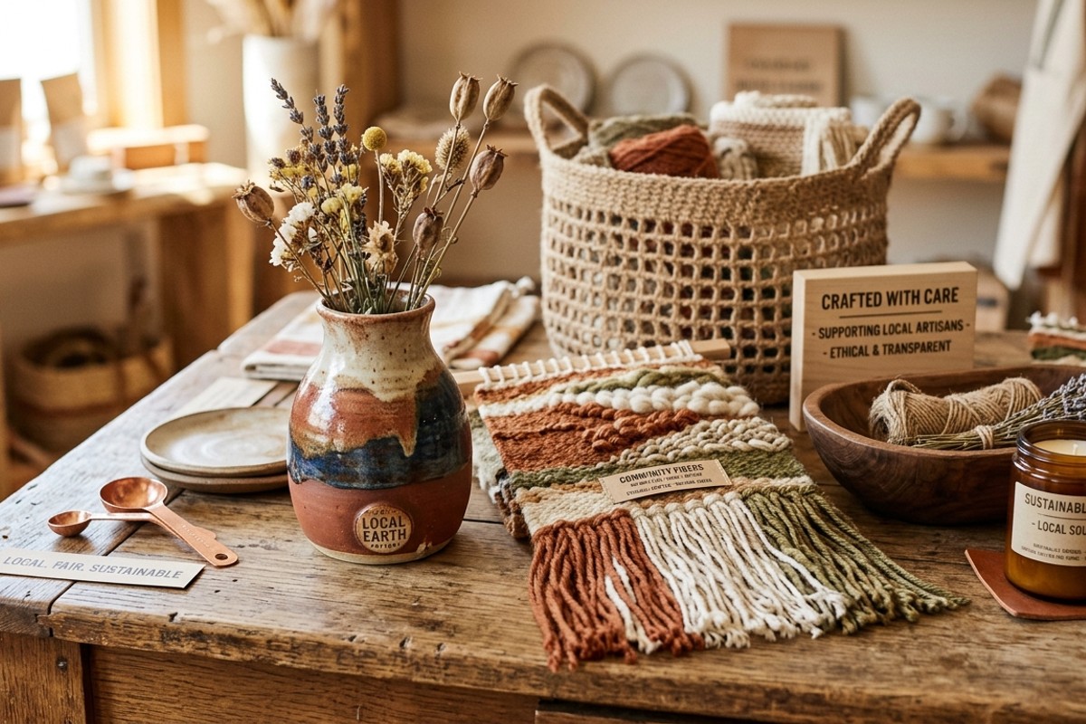 Unique handcrafted ceramic vase and woven textile, representing locally sourced and ethically made decor items.